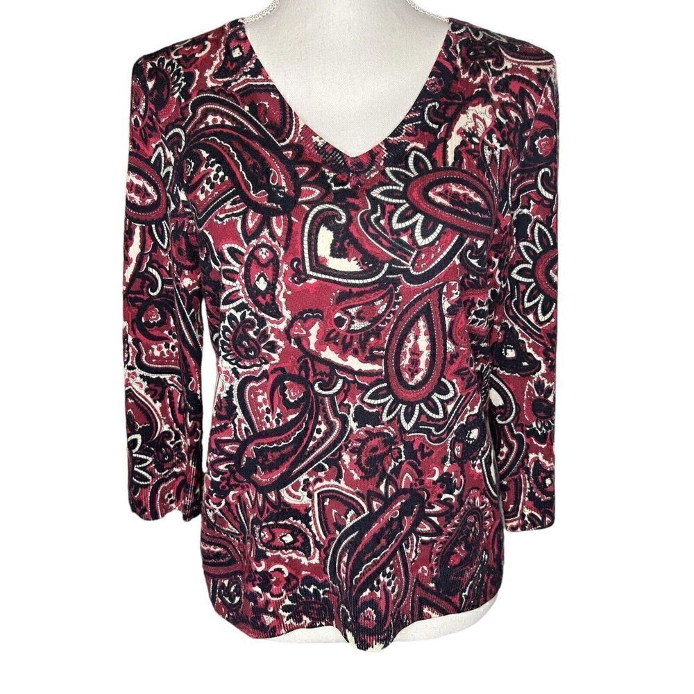 Talbots Womens Blouse 100% Merino Wool V-Neck Paisley Pattern Maroon Black Large